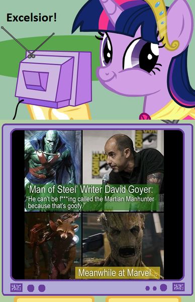 Size: 564x873 | Tagged: safe, derpibooru import, twilight sparkle, twilight sparkle (alicorn), alicorn, pony, dc comics, exploitable meme, female, groot, mare, martian manhunter, marvel, meme, obligatory pony, rocket raccoon, tv meme, twiface