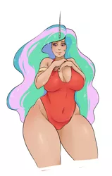 Size: 1087x1711 | Tagged: artist:sundown, belly button, breasts, busty princess celestia, chubby, chubbylestia, cleavage, clothes, curvy, derpibooru import, female, horned humanization, human, humanized, one-piece swimsuit, plump, princess celestia, solo, solo female, suggestive, swimsuit, wide hips