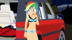 Size: 1920x1080 | Tagged: suggestive, artist:garretthegarret, derpibooru import, applejack, rainbow dash, twilight sparkle, comic:caught in the storm, equestria girls, belly button, bra, breasts, car, clothes, cutie mark underwear, frilly underwear, human coloration, land rover, land rover range rover, midriff, panties, ribbon, sleeveless, underwear, wallpaper, wallpaper for the fearless