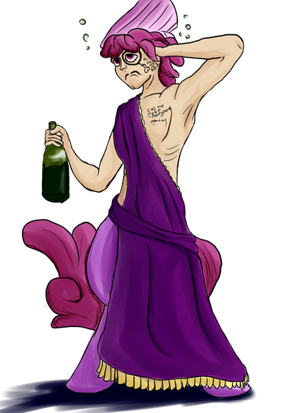 Size: 1000x1400 | Tagged: alcohol, armpits, artist:aaronmk, bacchus, bottle, clothes, derpibooru import, drapes, face doodle, hangover, hat, lampshade, lampshade hat, oc, oc:dionysus, offspring, parent:berry punch, penis drawing, questionable, satyr, solo, toga, unofficial characters only, vulgar, wine