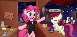 Size: 1283x623 | Tagged: safe, artist:obcor, derpibooru import, lily, lily valley, pinkie pie, roseluck, smarty pants, oc, breezie, pony, ball, bipedal, bowtie, clothes, cotton candy, crown, fair, ferris wheel, flashback potion, food, hat, kiosk, muffin, top hat