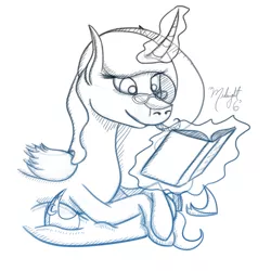 Size: 1000x1000 | Tagged: artist:midnightsix3, book, derpibooru import, glasses, lunadoodle, magic, monochrome, princess luna, safe, sketch, solo, telekinesis