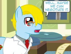 Size: 640x480 | Tagged: safe, artist:aha-mccoy, derpibooru import, oc, oc:tony starkehuf, unofficial characters only, earth pony, pony, nopony-ask-mclovin, clothes, doctor, glasses, lab coat, male, necktie, solo, speech bubble, stallion