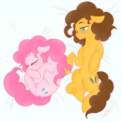 Size: 1429x1434 | Tagged: safe, artist:dragonfoxgirl, derpibooru import, cheese sandwich, pinkie pie, bed, blushing, cheesepie, curled up, female, male, pinkieball, shipping, sleeping, straight