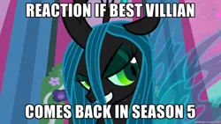 Size: 1280x720 | Tagged: bedroom eyes, best villain ever, caption, changeling, changeling queen, edit, edited screencap, exploitable meme, female, grin, hilarious in hindsight, image macro, meme, meta, misspelling, queen chrysalis, reaction if, safe, screencap, season 5, smiling, solo