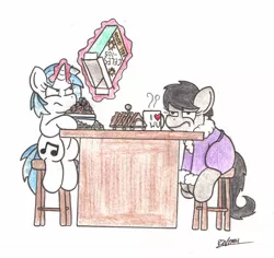 Size: 1540x1451 | Tagged: safe, artist:bobthedalek, derpibooru import, octavia melody, vinyl scratch, earth pony, pony, unicorn, backwards cutie mark, bowl, breakfast, cereal, clothes, dressing gown, duo, female, morning ponies, mug, octavia is not amused, stool, table, toast, traditional art, unamused, wub