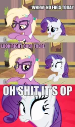 Size: 640x1080 | Tagged: safe, derpibooru import, edit, edited screencap, screencap, grace manewitz, rarity, earth pony, pony, unicorn, dialogue, eyeshadow, female, glasses, image macro, makeup, mare, meme, oh shit it's op, op is a faggot, open mouth, pencil, reaction image, vulgar