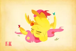 Size: 2619x1773 | Tagged: safe, artist:fluttershythekind, derpibooru import, fluttershy, butterfly, pegasus, pony, belly button, cute, eyes closed, female, flower, horses doing horse things, mare, on back, rolling, shyabetes, smiling, solo, underhoof, wings