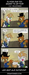 Size: 563x1420 | Tagged: safe, artist:drawponies, derpibooru import, oc, oc:calamity, oc:littlepip, unofficial characters only, pegasus, pony, unicorn, fallout equestria, fanfic, clothes, comic, fanfic art, female, french, hat, horn, male, mare, pipbuck, smiling, stallion, translation, vault suit, wasteland, wings