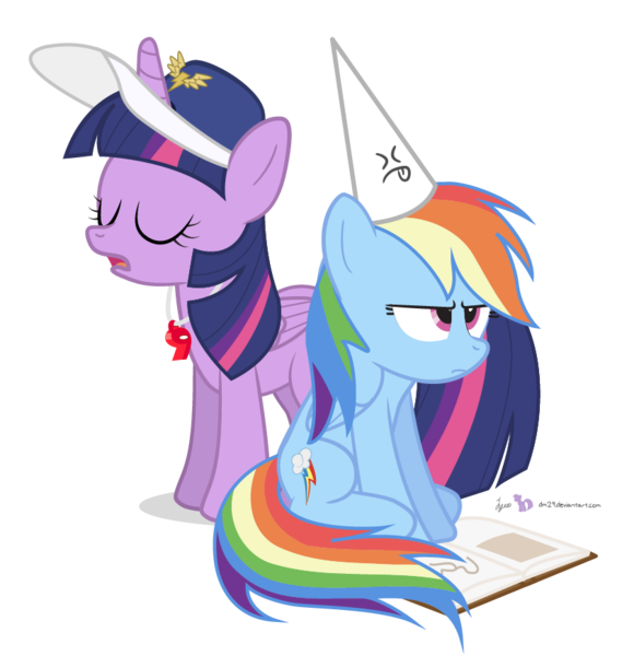 Size: 825x870 | Tagged: safe, artist:dm29, derpibooru import, rainbow dash, twilight sparkle, twilight sparkle (alicorn), alicorn, pony, annoyed, book, cross-eyed, dunce hat, duo, eyes closed, female, frown, hat, mare, open mouth, rainbow dashs coaching whistle, simple background, sitting, transparent background, unamused, whistle, whistle necklace, xp