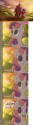 Size: 1280x4823 | Tagged: apple bloom, artist:spikedmauler, comic, cute, derpibooru import, fourth wall, go ask sweetie belle, looking at you, looking up, notice, open mouth, orchard, raised hoof, safe, smiling, speech bubble, sunset, surprised, sweet apple acres, sweetie belle, tree, tumblr, waving, well
