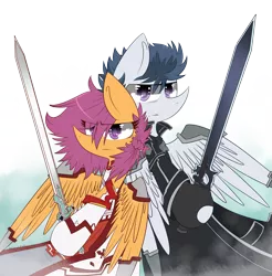 Size: 3789x3858 | Tagged: safe, artist:scootaloocuteness, derpibooru import, rumble, scootaloo, anime, female, male, parody, rumbloo, shipping, straight, sword, sword art online