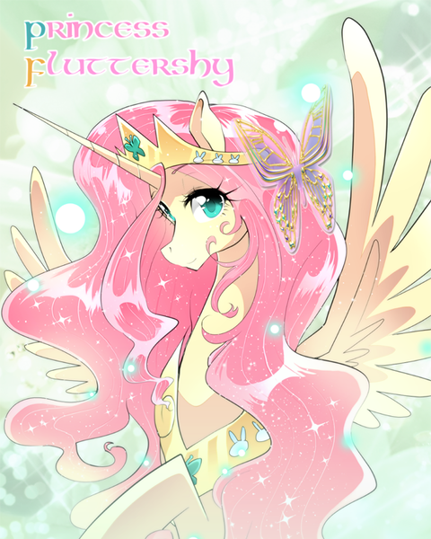 Size: 600x750 | Tagged: safe, artist:namagakiokami, artist:yuki-zakuro, derpibooru import, fluttershy, alicorn, pony, alicornified, female, fluttercorn, jewelry, looking at you, mare, princess fluttershy, race swap, regalia, smiling, solo, text