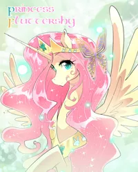 Size: 600x750 | Tagged: safe, artist:namagakiokami, artist:yuki-zakuro, derpibooru import, fluttershy, alicorn, pony, alicornified, female, fluttercorn, jewelry, looking at you, mare, princess fluttershy, race swap, regalia, smiling, solo, text