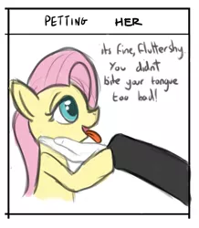 Size: 527x604 | Tagged: artist needed, source needed, safe, derpibooru import, fluttershy, oc, oc:anon, doing loving things, misleading thumbnail, open mouth, petting, petting her, smiling, tongue out