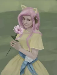 Size: 1200x1600 | Tagged: safe, artist:fahu, artist:moekke, derpibooru import, fluttershy, human, cosplay, eared humanization, flower, humanized, solo