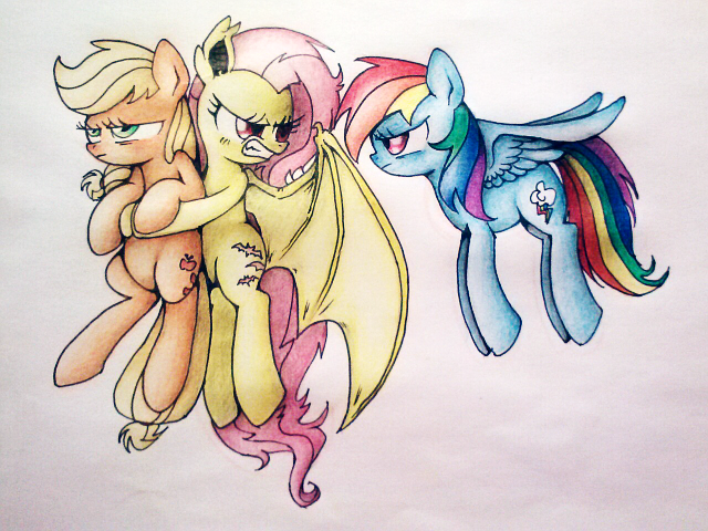 Size: 640x480 | Tagged: safe, artist:doqwor, derpibooru import, applejack, fluttershy, rainbow dash, appledash, appleshy, female, flutterbat, lesbian, missing accessory, shipping, traditional art