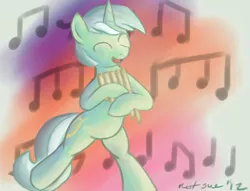 Size: 1413x1080 | Tagged: safe, artist:im not sue, derpibooru import, lyra heartstrings, pony, bipedal, happy, music notes, musical instrument, pan flute, solo