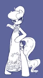 Size: 613x1121 | Tagged: safe, artist:30clock, derpibooru import, princess luna, pony, alternate hairstyle, bipedal, blushing, cheongsam, clothes, dress, looking at you, monochrome, ponytail, solo