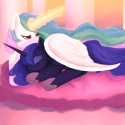 Size: 3000x3000 | Tagged: artist:glitchyraptor, cute, derpibooru import, eyes closed, hug, magic, pillow, princess celestia, princess luna, prone, royal sisters, safe, sisters, sleeping, smiling, weapons-grade cute, wing blanket, winghug