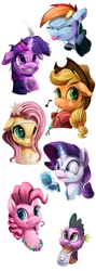 Size: 800x2253 | Tagged: safe, artist:tsitra360, derpibooru import, applejack, fluttershy, pinkie pie, rainbow dash, rarity, spike, twilight sparkle, adorkable, bib, braces, burnt, candy cane, candy necklace, cute, dork, earbuds, flower in hair, gem, lipstick, magic, mane seven, mane six, on fire, teenager, tongue out, younger