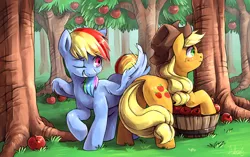 Size: 1485x933 | Tagged: safe, artist:audrarius, derpibooru import, applejack, rainbow dash, earth pony, pegasus, pony, apple, apple tree, applebutt, appledash, applejack is a spankaholic, butt touch, feathermarking, female, fluffy, frown, grin, hat, lesbian, mare, never doubt tchernobog's involvement, plot, raised hoof, shipping, smiling, spanking, surprised, tree, wide eyes, wingspank, wink