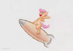 Size: 3498x2473 | Tagged: artist:subscrewedup, colored, colored sketch, derpibooru import, flying, request, rocket, safe, scootaloo, sketch, solo, space, traditional art, wip