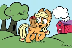 Size: 631x421 | Tagged: apple, applejack, artist:mysticolt, barn, basket, carrying, derpibooru import, looking back, safe, solo, tree