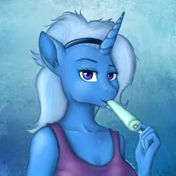 Size: 1000x1000 | Tagged: anthro, artist:kira-minami, breasts, busty trixie, cleavage, derpibooru import, female, food, ice cream, popsicle, sea salt ice cream, solo, solo female, suggestive, sweat, trixie