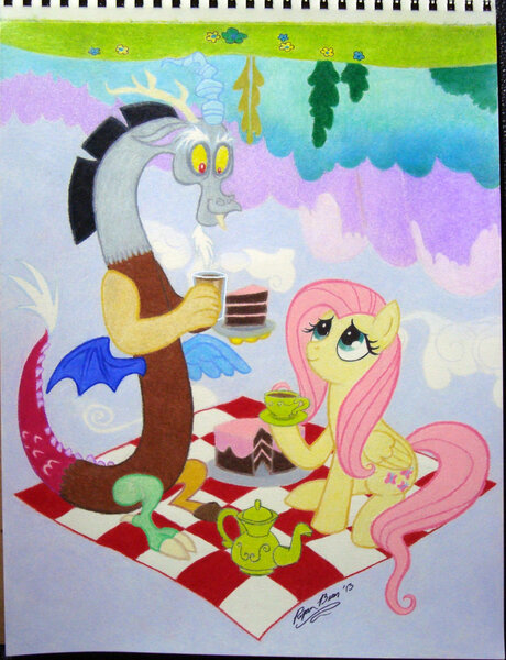 Size: 1024x1335 | Tagged: artist:clayinthecarpet, cake, derpibooru import, discord, fluttershy, picnic, safe, tea, tea party, teapot, traditional art, upside down