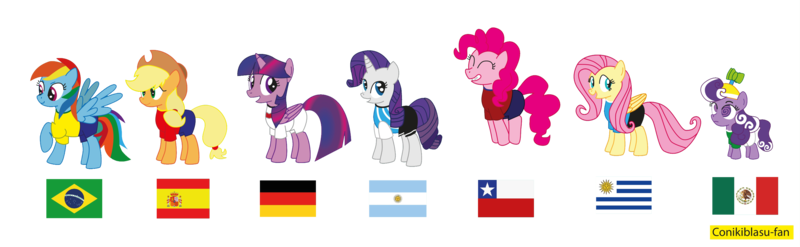 Size: 5707x1761 | Tagged: safe, artist:conikiblasu-fan, derpibooru import, applejack, fluttershy, pinkie pie, rainbow dash, rarity, screwball, twilight sparkle, twilight sparkle (alicorn), alicorn, pony, argentina, argentina is white, brazil, chile, country, female, flag, football, germany, mane six, mare, mexico, spain, uruguay, world cup