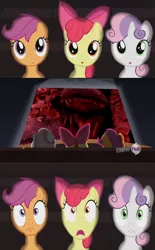 Size: 1777x2866 | Tagged: apple bloom, cinema, cutie mark crusaders, dinosaur, exploitable meme, meme, movie theater meme, safe, scootaloo, sweetie belle