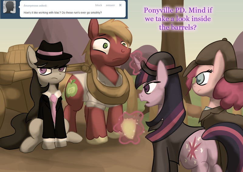 Size: 1239x875 | Tagged: safe, artist:zedrin, derpibooru import, big macintosh, pinkie pie, twilight sparkle, earth pony, pony, ask, ask-mafia-octavia, detective, mafia, male, stallion, tumblr