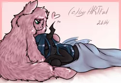 Size: 1075x742 | Tagged: safe, artist:yukomaussi, derpibooru import, queen chrysalis, oc, oc:fluffle puff, canon x oc, chrysipuff, cuddling, female, hand on head, happy, head on lap, heart, lesbian, looking down, shipping, smiling