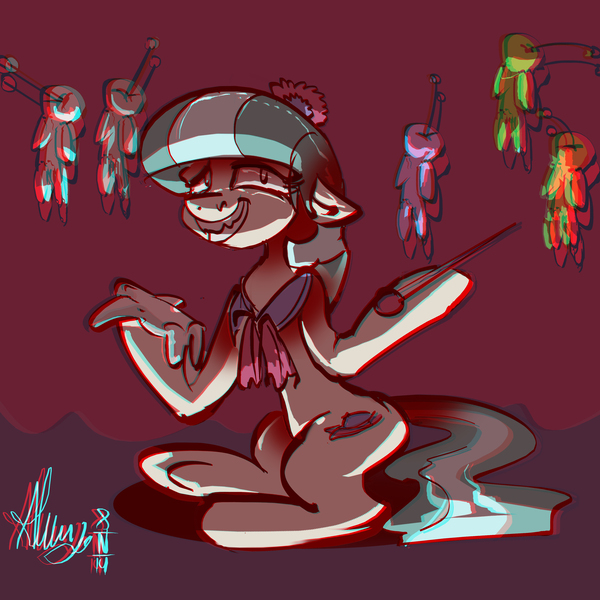 Size: 4000x4000 | Tagged: semi-grimdark, artist:alumx, derpibooru import, coco pommel, 30 minute art challenge, anaglyph 3d, evil, fangs, grin, hoof hold, insanity, looking at you, needle, smiling, solo, underhoof, voodoo doll, wide eyes