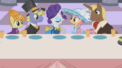 Size: 640x360 | Tagged: animated, becoming popular, canterlot, chocolate sun, choice, close-up, confident, derpibooru import, earl grey, food, hors d'oeuvre, ponet, primrose, pristine, rarity, rarity looking at food, safe, screencap, singing, song, swan dive, swan song, sweet and elite, table, waiter