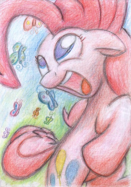 Size: 1225x1745 | Tagged: artist:aemantaslim, butterfly, colored pencil drawing, derpibooru import, happy, looking up, open mouth, pinkie pie, safe, solo, traditional art