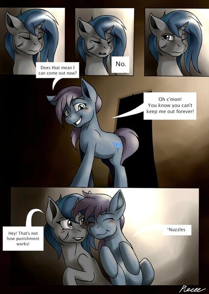 Size: 753x1060 | Tagged: safe, artist:whitepone, derpibooru import, oc, oc:homage, oc:jokeblue, pony, unicorn, fallout equestria, fanfic, blue moon, blushing, comic, cutie mark, eyes closed, fanfic art, female, hooves, horn, mare, one eye closed, smiling, teeth