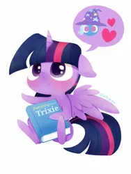 Size: 768x1024 | Tagged: safe, artist:doqwor, derpibooru import, trixie, twilight sparkle, twilight sparkle (alicorn), alicorn, pony, blushing, book, chibi, cute, female, floppy ears, frown, heart, implied shipping, lesbian, looking up, mare, shipping, sitting, speech bubble, spread wings, twixie, weapons-grade cute