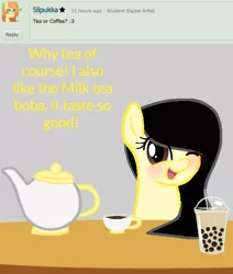 Size: 648x765 | Tagged: artist:ponycakesofsweetness, ask happy darling 2, boba, derpibooru import, deviantart, milk, safe, solo, tea, wink