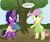 Size: 1024x851 | Tagged: safe, artist:ohohokapi, deleted from derpibooru, derpibooru import, fluttershy, oc, oc:purple tinker, pegasus, pony, unicorn, bipedal, clothes, dress, duo, duo female, female, filly, glowing horn, horn, image, jpeg, magic, magic aura, open mouth, razzleberry, sandals, speech bubble, younger