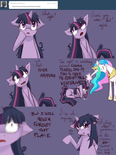 Size: 1200x1596 | Tagged: safe, artist:voiceless, derpibooru import, princess celestia, twilight sparkle, alicorn, pony, unicorn, lesson zero, ask, crying, female, floppy ears, image, jpeg, magic kindergarten, paranoid-twilight, tumblr, twilight snapple, unicorn twilight