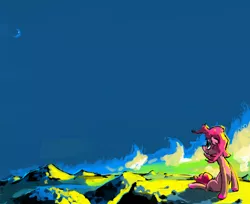 Size: 3713x3036 | Tagged: safe, artist:sharpieboss, derpibooru import, pinkie pie, earth pony, pony, female, image, jpeg, looking up, mare, moon, night, scenery, sitting lyra style, sky, solo