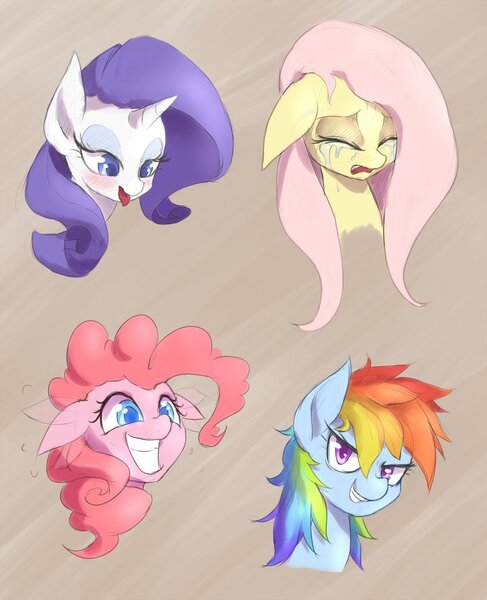 Size: 805x992 | Tagged: safe, artist:mlpanon, derpibooru import, fluttershy, pinkie pie, rainbow dash, rarity, bedroom eyes, blushing, bust, crying, dilated pupils, excited, expressions, eyes closed, floppy ears, glare, grin, gritted teeth, looking at you, messy mane, motion blur, nodding, open mouth, sad, smiling, tongue out, wide eyes