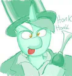 Size: 638x677 | Tagged: safe, artist:redanon, derpibooru import, lyra heartstrings, parish nandermane, :p, bulb horn, clothes, derp, harpo marx, hat, honk, honk honk, hoof hold, marx brothers, reply art, rule 63, simple background, smiling, solo, tongue out, top hat, wat, white background