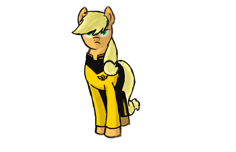 Size: 1288x828 | Tagged: applejack, artist:masterjosh140, clothes, hatless, horseshoes, missing accessory, safe, solo, starfleet, star trek, star trek: the next generation, uniform