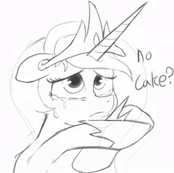 Size: 862x858 | Tagged: artist:ab, cake, cakelestia, crying, cute, cutelestia, derpibooru import, monochrome, no cake, princess celestia, sad, safe, solo