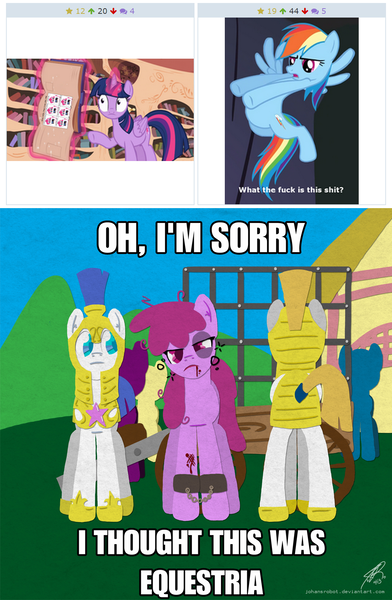 Size: 1048x1606 | Tagged: safe, derpibooru import, berry punch, berryshine, pinkie pie, rainbow dash, twilight sparkle, twilight sparkle (alicorn), alicorn, pony, derpibooru, accepted meme that never ends, blood, chains, doing hurtful things, drunk, exploitable meme, female, juxtaposition, juxtaposition win, mare, meme, meta, monochrome, pinkie's note meme, rainbow dash's centerfold, randy marsh, royal guard, south park, the meme that never ends, ultrasonic rainboom, vulgar, waifu