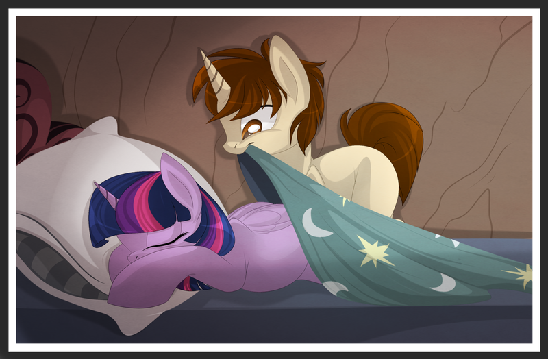 Size: 1800x1180 | Tagged: safe, artist:blackfreya, derpibooru import, twilight sparkle, twilight sparkle (alicorn), ponified, alicorn, pony, bedsheets, crossover, crossover shipping, female, mama twilight, mare, mouth hold, peter parker, pregnant, shipping, spider-man, spiders and magic ii: eleven months, spiders and magic: rise of spider-mane, spidertwi