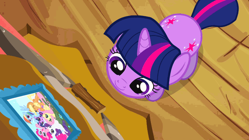Size: 1280x720 | Tagged: animated, aura, both cutie marks, cute, derpibooru import, eyes closed, from above, glow, grin, happy, magical mystery cure, picture, picture frame, safe, smiling, solo, talking, top down, twiabetes, twilight sparkle, weapons-grade cute